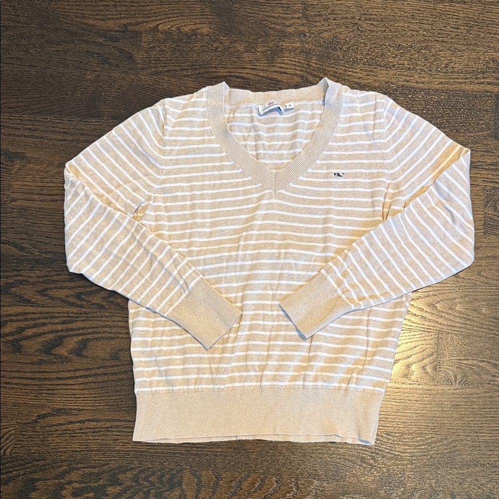 Vineyard Vines Beige and White V-Neck Sweater Size M
